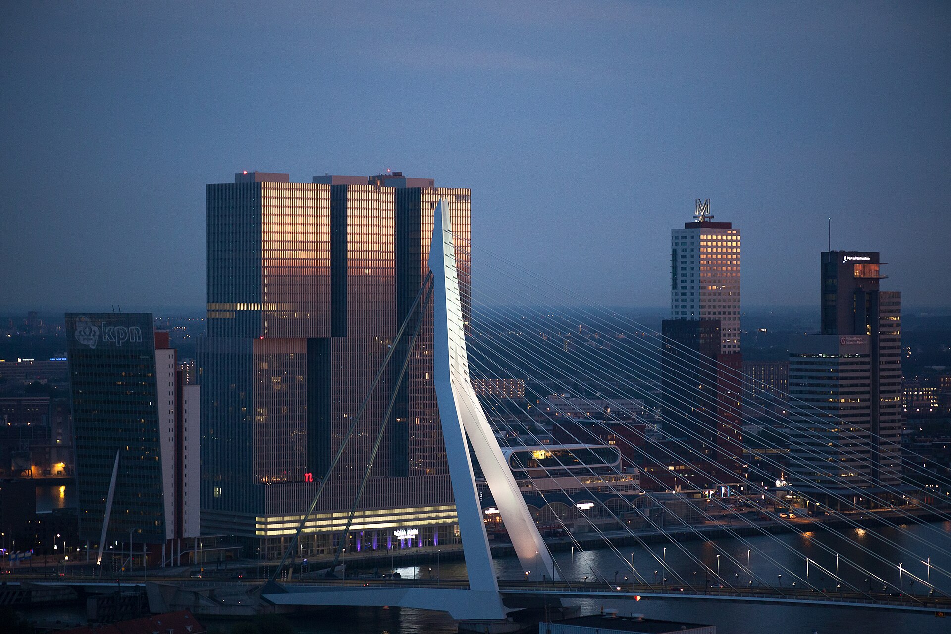 De Erasmusbrug en de Rotterdamse skyline in het blauwe uur